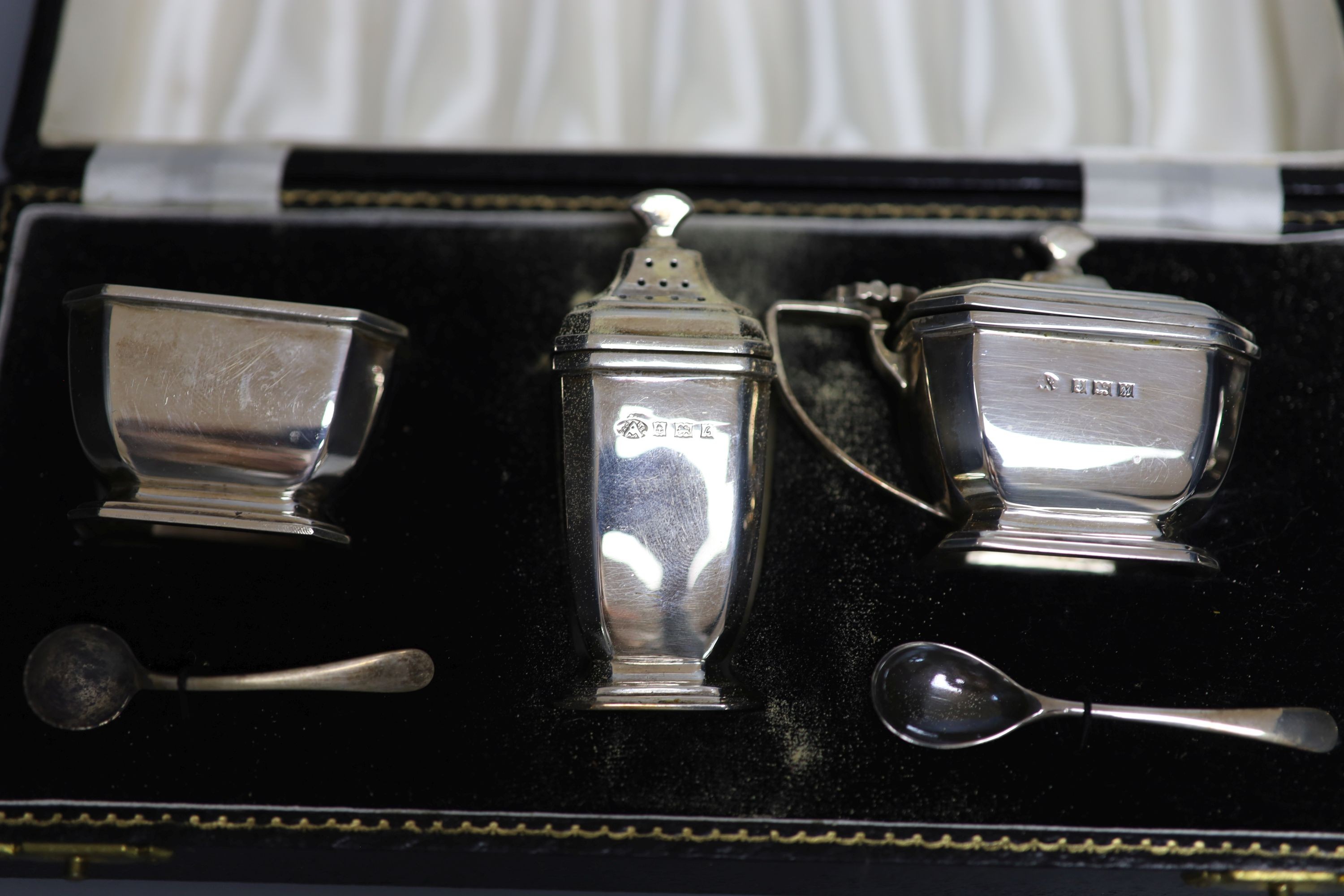 Two modern cased three piece silver condiment sets